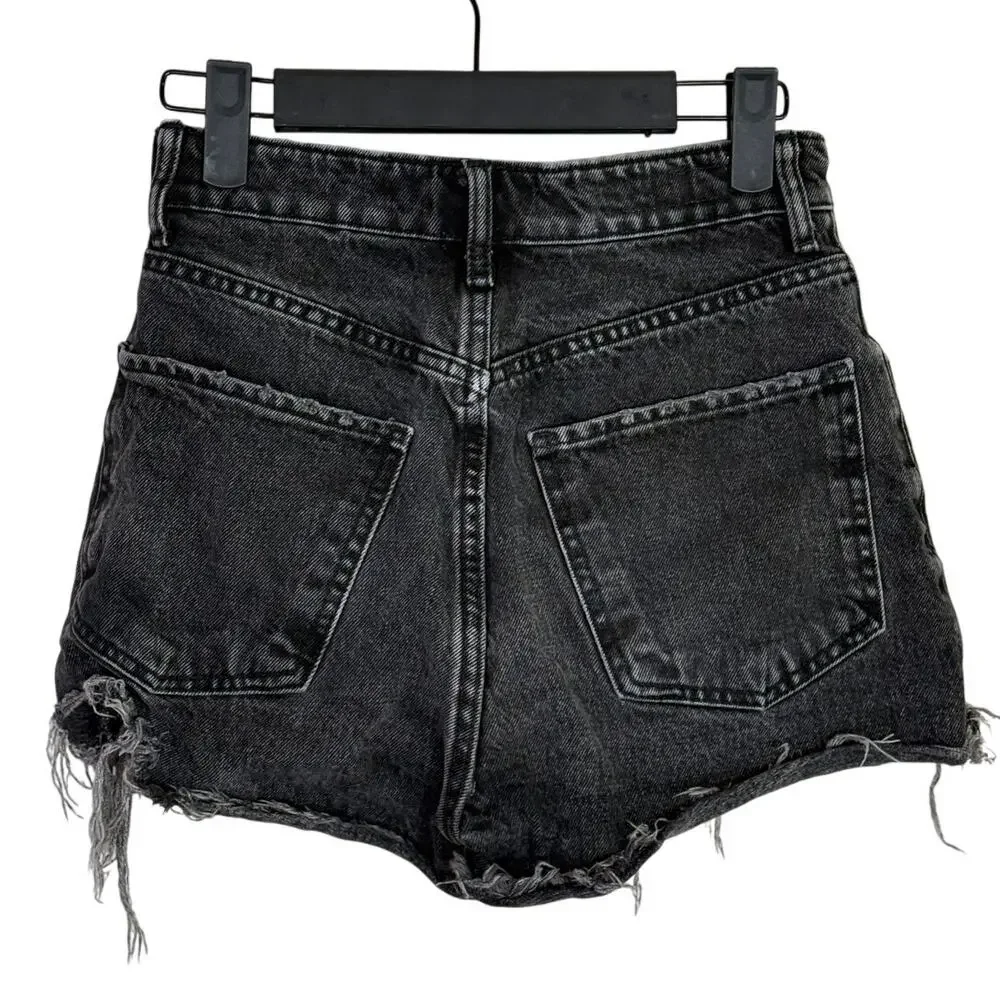 ZARA Cutoff Distressed Jean Shorts Raw Ripped Hem High Rise Pockets 0 Wash Black